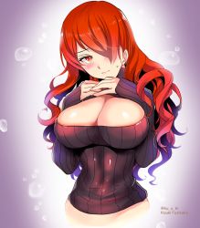 Rule 34 | 1girl, blush, breasts, cleavage, cleavage cutout, clothing cutout, cropped legs, embarrassed, fujisaka kuuki, hair over one eye, kirijou mitsuru, large breasts, long hair, meme attire, open-chest sweater, persona, persona 3, red eyes, red hair, ribbed sweater, narrow waist, solo, sweatdrop, sweater, turtleneck, upper body