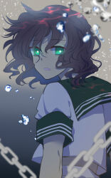 Rule 34 | 1girl, :o, air bubble, bright pupils, bubble, chain, green eyes, highres, in water, looking at viewer, looking to the side, murasa minamitsu, nayozane (worker7), open mouth, sailor, sailor collar, shirt, short hair, short sleeves, shorts, solo, touhou, upper body, white pupils, white sailor collar, white shirt, white shorts