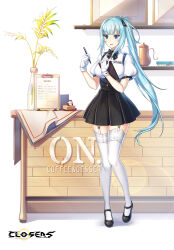 Rule 34 | 1girl, badge, black bow, black bowtie, black footwear, black skirt, blue eyes, blue hair, blush, bow, bowtie, breasts, center frills, clipboard, closers, coffee pot, collared shirt, copyright name, counter, embarrassed, frills, full body, furrowed brow, garter straps, gloves, hair bow, hands up, heel up, high-waist skirt, highres, holding, holding clipboard, holding pen, knees together feet apart, lace, lace-trimmed thighhighs, large breasts, leaf, lens flare, lens flare abuse, logo, long hair, looking down, mary janes, menu, miniskirt, official art, pen, picture frame, plate, plate stack, pleated skirt, ponytail, puffy short sleeves, puffy sleeves, shelf, shirt, shoes, short sleeves, sidelocks, skirt, solo, square mouth, standing, suspender skirt, suspenders, sweatdrop, thighhighs, underbust, vase, very long hair, violet (closers), waitress, white background, white gloves, white shirt, white thighhighs, zettai ryouiki