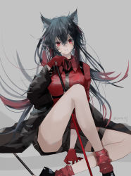 Rule 34 | 1girl, absurdres, animal ears, arknights, artist name, belt, black coat, black footwear, black hair, black shorts, breasts, coat, collared shirt, enne kl, gloves, highres, holding, holding sword, holding weapon, knee up, long hair, loose socks, medium breasts, necktie, off shoulder, official alternate costume, open clothes, open coat, parted lips, ponytail, red eyes, red gloves, red shirt, red socks, shirt, shoes, shorts, sitting, skirt, socks, solo, sword, texas (arknights), texas (willpower) (arknights), thigh strap, thighs, weapon, wolf ears, wolf girl