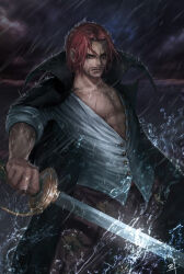 Rule 34 | 1boy, black coat, closed mouth, coat, commentary, english commentary, facial hair, holding, holding sword, holding weapon, male focus, one piece, outdoors, pu reum lee, rain, red hair, scar, scar across eye, scar on face, shanks (one piece), shirt, short hair, solo, sword, water drop, weapon, white shirt