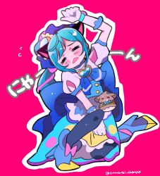 Rule 34 | 1girl, apron, blue hair, blush, bow, brooch, closed eyes, cure spicy, delicious party precure, earrings, footwear bow, fuwa kokone, gloves, heart, heart brooch, huge bow, jewelry, kuu (omusubi chanya), magical girl, multicolored hair, open mouth, pam-pam (precure), pink hair, precure, short sleeves, side ponytail, solo, streaked hair, white gloves