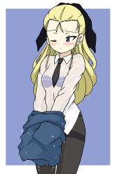 Rule 34 | 1girl, assam (girls und panzer), black necktie, black pantyhose, black ribbon, blonde hair, blue background, blue eyes, blue sweater, blush, closed mouth, clothes pull, commentary, cowboy shot, dress shirt, frown, girls und panzer, hair pulled back, hair ribbon, highres, ichinose jun, long hair, long sleeves, necktie, no pants, one eye closed, outside border, pantyhose, pulling own clothes, ribbon, school uniform, see-through, shirt, st. gloriana&#039;s school uniform, standing, sweater, sweater pull, thighband pantyhose, wet, wet clothes, wet hair, wet shirt, wing collar