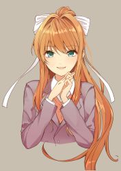 Rule 34 | 1girl, absurdres, blazer, bow, brown hair, buttons, doki doki literature club, green eyes, grey background, grey jacket, hair between eyes, hair bow, hands up, happy, highres, interlocked fingers, jacket, long hair, long sleeves, looking at viewer, monika (doki doki literature club), nukonbu, open mouth, orange vest, school uniform, shirt, sidelocks, simple background, smile, solo, very long hair, vest, white bow, white shirt
