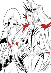 2girls braid clothing_cutout cradle_(pgr) hair_between_eyes hair_ornament headgear highres hood hoodie long_hair multiple_girls mutation one_eye_covered punishing:_gray_raven red_eyes robe selene_(pgr) shoulder_cutout spot_color twin_braids very_long_hair yukiharuorent