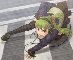 Rule 34 | 1girl, action, all fours, angry, fighting stance, fingerless gloves, gloves, green hair, headphones, itou (onsoku tassha), onnsoku, open mouth, original, red eyes, ribbon, road, shoes, skirt, sneakers, solo, street, striped clothes, striped thighhighs, thighhighs, twintails