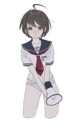 1girl absurdres ahoge blush breasts brown_hair bsgkstnals03 collarbone cropped_legs danganronpa_(series) danganronpa_another_episode:_ultra_despair_girls highres holding megaphone naegi_komaru necktie no_pants panties red_necktie sailor_collar shirt short_hair short_sleeves solo striped_clothes striped_panties teeth underwear