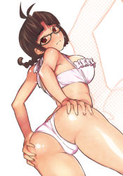 Rule 34 | 1girl, ahoge, akizuki ritsuko, ass, ass grab, bad id, bad pixiv id, bakushiishi at, bare shoulders, bikini, braid, brown hair, cameltoe, from behind, from below, glasses, hand on own ass, hands on own ass, idolmaster, idolmaster (classic), looking at viewer, looking back, red eyes, short hair, solo, swimsuit, twin braids, white bikini, zoom layer