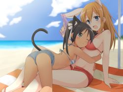 Rule 34 | 2girls, :o, animal ears, arm support, arms around waist, ass, bad id, bad pixiv id, bare arms, bare legs, bare shoulders, beach, bent over, between legs, bikini, bikini top only, black hair, blue bikini, blue eyes, blue shorts, blush, breast pillow, breast press, breasts, brown hair, cat ears, cat girl, cat tail, charlotte e. yeager, cleavage, cloud, dark-skinned female, dark skin, day, denim, denim shorts, female focus, francesca lucchini, green eyes, hair between eyes, hug, legs, long hair, looking at another, looking down, medium breasts, midriff, mobu, multiple girls, navel, ocean, one eye closed, open mouth, orange hair, outdoors, rabbit ears, rabbit girl, red bikini, red shorts, sand, sandals, short shorts, shorts, sitting, sky, small breasts, smile, strike witches, striped bikini, striped clothes, striped towel, swimsuit, tail, twintails, underboob, water, water gun, wink, world witches series, yuri