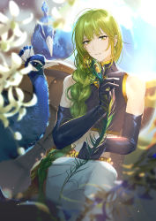 Rule 34 | absurdres, androgynous, bad id, bad pixiv id, bare shoulders, bird, braid, crop top, earrings, elbow gloves, enkidu (fate), fate/grand order, fate/strange fake, fate (series), feathers, flower, gender request, gloves, green eyes, green hair, highres, jewelry, long hair, looking at viewer, pants, partially opened mouth, peacock, peacock feathers, rrr (reason), single braid, sitting, very long hair, white pants