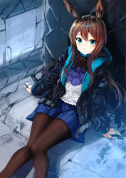 Rule 34 | 1girl, amiya (arknights), animal ears, arknights, black jacket, blue eyes, blue skirt, blush, brown hair, brown pantyhose, commentary request, hair between eyes, highres, jacket, jewelry, knees together feet apart, legs together, long hair, long sleeves, looking at viewer, open clothes, open jacket, pantyhose, parted lips, rabbit girl, ring, sitting, skirt, solo, wsman