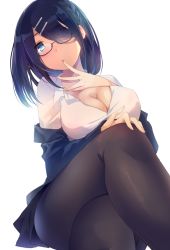 Rule 34 | 1girl, artist request, black hair, black pantyhose, black skirt, blouse, blue eyes, blush, braid, breasts, cleavage, collared shirt, commentary, crossed legs, dress shirt, eyebrows, eyes visible through hair, finger to mouth, glasses, hair ornament, hair over one eye, hairclip, hand on own knee, jacket, large breasts, legs, looking at viewer, original, pantyhose, shirt, side braid, simple background, single braid, sitting, skirt, solo, thighs, tlla, white background, white shirt