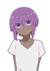 Rule 34 | 1girl, bespectacled, blush, closed mouth, collarbone, dark-skinned female, dark skin, fate/prototype, fate/prototype: fragments of blue and silver, fate (series), glasses, hair between eyes, hassan of serenity (fate), head tilt, highres, i.u.y, purple eyes, purple hair, shirt, short hair, short sleeves, simple background, smile, solo, upper body, white background, white shirt