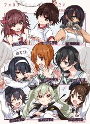 Rule 34 | +++, 6+girls, :d, ahoge, amaretto (girls und panzer), anchovy (girls und panzer), anzio school uniform, arm up, asymmetrical bangs, bad id, bad twitter id, ball, beret, black cape, black eyes, black hair, black headwear, black neckerchief, black ribbon, blouse, braid, brown eyes, brown hair, cape, character name, clenched hand, closed mouth, commentary, crossed arms, dirty, dirty face, dress shirt, drill hair, elbow rest, emblem, frown, girls und panzer, gloves, green hair, grey gloves, gym shirt, gym uniform, hair ribbon, hairband, half-closed eye, half updo, hat, holding, holding riding crop, hoshino (girls und panzer), isobe noriko, isuzu hana, kondou taeko, leaning forward, long hair, long sleeves, looking at another, looking at viewer, medium hair, motion blur, multiple girls, neckerchief, necktie, nishizumi miho, ooarai school uniform, open mouth, pepperoni (girls und panzer), playing sports, raised fist, red eyes, reizei mako, ribbon, riding crop, rubbing eyes, school uniform, serafuku, shirt, short hair, short sleeves, side braid, sleepy, smile, smirk, smug, t-shirt, tank top, translated, twin drills, twintails, twitter username, v-shaped eyebrows, volleyball, volleyball (object), white hairband, white shirt, wrench, yuuyu (777)