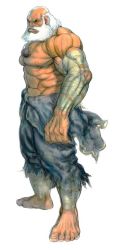 Rule 34 | 1boy, abs, bald, bandages, barefoot, bead, beard, capcom, clothes around waist, concept art, facial hair, gouken, ikeno daigo, jewelry, male focus, manly, muscular, necklace, official art, old, old man, scar, topless male, solo, street fighter, street fighter iv (series), torn clothes, white hair