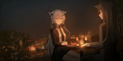Rule 34 | 2girls, absurdres, animal ear fluff, animal ears, arknights, black hair, black jacket, black neckwear, black shorts, breasts, building, candle, chihuri, cityscape, closed mouth, collared shirt, commentary request, grey eyes, grey hair, hair between eyes, hair ornament, hairclip, highres, jacket, lappland (arknights), long hair, long sleeves, multiple girls, night, night sky, open clothes, open jacket, outdoors, plate, profile, scar, scar across eye, scar on face, shirt, short shorts, shorts, sky, small breasts, smile, star (sky), starry sky, table, texas (arknights), tree, very long hair, white shirt