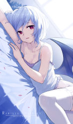 Rule 34 | 1girl, arm up, bare arms, bare shoulders, bat wings, bed, blue hair, breasts, camisole, character name, cleavage, collarbone, commentary, dated, dutch angle, feet out of frame, garter straps, hair between eyes, hand up, highres, indoors, looking at viewer, lying, no headwear, on side, parted lips, petals, red eyes, remilia scarlet, shadow, short hair, small breasts, snozaki, solo, spaghetti strap, thighhighs, touhou, white thighhighs, window, wings