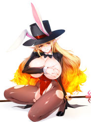 Rule 34 | 1girl, animal ears, blonde hair, blush, bow, bowtie, breasts, breasts out, brown pantyhose, covering privates, covering breasts, detached collar, dungeon and fighter, fake animal ears, gradient hair, hat, high heels, highres, huge breasts, leotard, long hair, multicolored hair, on one knee, pantyhose, playboy bunny, pointy ears, rabbit ears, red eyes, shadow, simple background, snowball22, solo, staff, torn clothes, torn leotard, torn pantyhose, white background