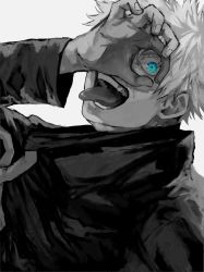 Rule 34 | 1boy, arm up, blindfold pull, unworn blindfold, blue eyes, gojou satoru, greyscale, hand over eye, high collar, highres, jacket, jujutsu kaisen, kuwoniagyu11112, long sleeves, looking at viewer, male focus, monochrome, open mouth, short hair, simple background, solo, tongue, tongue out, upper body
