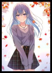 Rule 34 | 1girl, blue hair, blush, breasts, collarbone, falling leaves, highres, idolmaster, idolmaster shiny colors, leaf, lens flare, long hair, looking at viewer, maple leaf, medium breasts, miyar2d2, plaid, plaid skirt, purple sweater, skirt, sleeves past wrists, smile, solo, straight hair, suzuki hana, sweater, sweater tucked in, very long hair