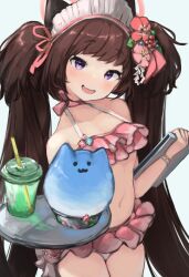 Rule 34 | 1girl, :3, absurdres, animal ears, bikini, blue archive, breasts, brown hair, cleavage, fake animal ears, flower, food, frilled bikini, frills, from above, hair flower, hair ornament, hair ribbon, halo, halterneck, highleg, highleg bikini, highres, holding, holding food, holding paper, long hair, looking at viewer, navel, open mouth, paper, pink bikini, pink halo, purple eyes, ribbon, shaved ice, shizuko (blue archive), shizuko (swimsuit) (blue archive), simple background, small breasts, solo, standing, stomach, swimsuit, teruriu, twintails, white background, white headdress
