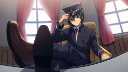 Rule 34 | 1boy, angel beats!, arm up, asada hachi, black hat, black jacket, black pants, blazer, brown eyes, brown footwear, chair, closed mouth, collared shirt, commentary, crossed legs, curtains, feet on table, fingernails, green hair, hair between eyes, hand on headwear, hat, hat tip, highres, indoors, jacket, legs up, long sleeves, looking at viewer, male focus, naoi ayato, neck ribbon, on chair, pants, red ribbon, ribbon, school uniform, shadow, shirt, shoes, short hair, sitting, smile, solo, twitter username, uniform, watermark, white shirt, window