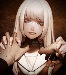 Rule 34 | 1girl, brown background, grey eyes, highres, holding hands, kamato il, long sleeves, looking at viewer, neckerchief, original, parted lips, portrait, sailor collar, smile, twitter username, white hair, white nails, white neckerchief, white sailor collar