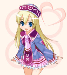 Rule 34 | 1girl, :d, bad id, bad pixiv id, blonde hair, blue dress, blue eyes, breasts, cowboy shot, dress, frills, hat, heart, kuroto, kuroto (722), long hair, long sleeves, looking at viewer, lowres, lucent heart, mizugame (lucent heart), necktie, open mouth, parted bangs, short dress, skirt, sleeves past wrists, small breasts, smile, solo, standing, tabard, thigh gap, very long hair, wing collar