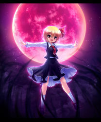 Rule 34 | 1girl, blonde hair, embodiment of scarlet devil, fang, female focus, full moon, hair ribbon, highres, letterboxed, moon, open mouth, outstretched arms, petticoat, poni, red eyes, red moon, ribbon, rumia, short hair, sky, smile, solo, spread arms, star (sky), starry sky, takeponi, touhou