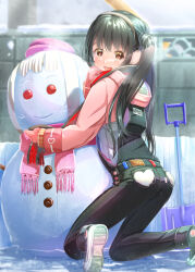 Rule 34 | 1girl, :d, aiuabo, ass, black hair, blurry, blurry background, brown eyes, earmuffs, gloves, heart, heart print, highres, kneeling, long hair, looking at viewer, open mouth, original, outdoors, overalls, scarf, smile, snow, snowman, solo, twintails, winter clothes