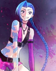 Rule 34 | 1girl, blue hair, braid, crazy eyes, female focus, hairline, jinx (league of legends), league of legends, long hair, mizoreame, pink eyes, shorts, smile, solo, tattoo, twin braids