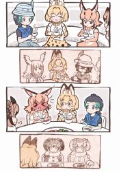 Rule 34 | &gt; &lt;, 6+girls, :d, ^ ^, alpaca suri (kemono friends), animal ear fluff, animal ears, black hair, blonde hair, blush, bow, bowl, bowtie, brown hair, caracal (kemono friends), closed eyes, comic, commentary request, cup, eating, eurasian eagle owl (kemono friends), extra ears, food, full-face blush, green hair, hat, hat feather, head wings, japanese crested ibis (kemono friends), kaban (kemono friends), kemono friends, kemono friends 2, kyururu (kemono friends), multicolored hair, multiple girls, northern white-faced owl (kemono friends), open mouth, orange hair, remembering, sepia, serval (kemono friends), short hair, silent comic, smile, spoon, tanaka kusao, tea, teacup, traditional bowtie, wings