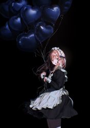 Rule 34 | 1girl, apron, arms up, balloon, black background, black bow, black dress, blush, bow, brown eyes, cowboy shot, dress, film grain, frilled apron, frills, heart balloon, highres, holding, holding balloon, long hair, long sleeves, looking at viewer, maid, maid apron, maid headdress, open mouth, original, pink hair, simple background, smile, solo, youichi (45 01)