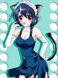 Rule 34 | 00s, 1girl, animal ears, blue hair, blush, bow, breasts, brown eyes, cat ears, cat tail, choker, cleavage, dress, elbow gloves, gloves, happy, maid, sanada, sanada (ufo princess valkyrie), short hair, solo, tail, ufo princess valkyrie, uniform, white gloves