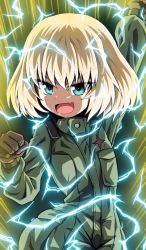Rule 34 | 1girl, absurdres, arm up, aura, black gloves, blonde hair, blue eyes, clenched hand, commentary, dragon ball, dragonball z, electricity, fang, girls und panzer, gloves, green jumpsuit, highres, insignia, jumpsuit, kamishima kanon, katyusha (girls und panzer), long sleeves, looking at viewer, open mouth, pravda military uniform, short hair, skin fang, smirk, smug, solo, standing, super saiyan, super saiyan 2, v-shaped eyebrows