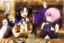 Rule 34 | absurdres, aqua inc., armor, asymmetrical sleeves, black hair, blue panties, bread, bread slice, breasts, cleavage, cleavage cutout, clothing cutout, fate/grand order, fate (series), food, hair over one eye, highres, indoors, japanese armor, japanese clothes, kusazuri, light purple hair, mash kyrielight, mismatched sleeves, necktie, no bra, official art, panties, pitcher (container), pom pom (clothes), purple eyes, purple hair, revealing clothes, short hair, side ponytail, underwear, ushiwakamaru (fate)