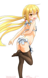 Rule 34 | 1girl, alternate costume, ass, bikini, black thighhighs, blonde hair, blue bikini, feet out of frame, frilled bikini, frills, from behind, kantai collection, long hair, low twintails, maid, maid bikini, one-hour drawing challenge, ray.s, satsuki (kancolle), simple background, solo, swimsuit, thighhighs, twintails, unconventional maid, white background, yellow eyes
