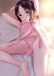 Rule 34 | 1girl, armpits, arms behind head, arms up, ass, babydoll, barefoot, black hair, blush, bow, bow panties, breasts, eyebrows, feet, folded ponytail, forehead, highres, kaguya-sama wa kokurasetai ~tensai-tachi no renai zunousen~, long hair, looking at viewer, lying, miso (misomiso 154), navel, on back, panties, pink babydoll, pink panties, red eyes, ribbon, shinomiya kaguya, small breasts, soles, solo, spread legs, thighs, toes, underwear, underwear only
