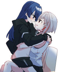Rule 34 | 2girls, backlighting, black choker, black jacket, blue eyes, blue hair, blush, bob cut, choker, clothes pull, couch, dark blue hair, diagonal bangs, dollchestra, eye contact, face-to-face, from side, girl on top, grey hair, hair down, hand on another&#039;s ass, hand under clothes, hands on another&#039;s shoulders, highres, hood, hooded jacket, inverted bob, jacket, kanduki kamibukuro, link! like! love live!, long hair, long sleeves, looking at another, love live!, multicolored hair, multiple girls, murano sayaka, noses touching, on couch, open mouth, parted lips, pulling another&#039;s clothes, red eyes, red hair, short hair, shorts, shorts pull, simple background, sitting, smile, straddling, streaked hair, tank top, upright straddle, virtual youtuber, white background, white tank top, yugiri tsuzuri, yuri