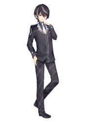 Rule 34 | 1boy, black eyes, black hair, closed mouth, doumyouji haruto, full body, game club project, grey hair, long sleeves, looking at viewer, male focus, multicolored hair, necktie, necomi, pants, smile, solo, virtual youtuber, white necktie