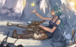 Rule 34 | 10s, 1girl, 2014, artist name, boots, bug, butterfly, dated, green eyes, green hair, gun, hatsune miku, bug, jewelry, kare huang, long hair, matching hair/eyes, necklace, rifle, sitting, solo, tank top, vocaloid, weapon
