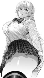 Rule 34 | 1girl, ass, blush, bow, bowtie, breasts, collared shirt, daraz, greyscale, highres, large breasts, long hair, looking at viewer, monochrome, nakiri erina, school uniform, shirt, shokugeki no souma, simple background, skirt, solo, thighhighs, thighs, wet, wet clothes, white background