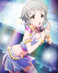 Rule 34 | 10s, 1girl, :o, armlet, artist request, bracelet, card (medium), choker, crop top, grey hair, idolmaster, idolmaster million live!, jewelry, looking at viewer, lots of jewelry, makabe mizuki, microphone, million dreams (idolmaster), music, navel, necklace, official art, short hair, singing, skirt, stage lights, yellow eyes