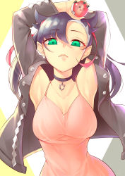 Rule 34 | 1girl, :d, absurdres, armpits, arms up, asymmetrical hair, bare shoulders, black hair, black jacket, black nails, breasts, choker, cleavage, collarbone, creatures (company), dress, game freak, gen 8 pokemon, green eyes, hair ribbon, half-closed eyes, highres, inaba makoto, jacket, leather, leather jacket, looking at viewer, marnie (pokemon), medium breasts, morpeko, morpeko (full), nail polish, nintendo, open mouth, pink dress, poke ball, poke ball (basic), pokemon, pokemon (creature), pokemon swsh, red ribbon, ribbon, short twintails, sleeveless, sleeveless dress, smile, twintails