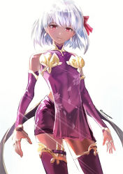 Rule 34 | 1girl, breasts, cleavage, dark-skinned female, dark skin, earrings, eyebrows hidden by hair, fate/grand order, fate (series), female focus, jewelry, kama (fate), kama (first ascension) (fate), looking at viewer, purple eyes, purple thighhighs, ring, short hair, simple background, smile, solo, thighhighs, uenoryoma, upper body, veil, white background, white hair