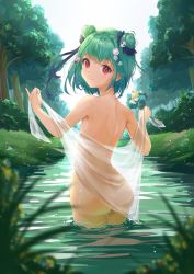 Rule 34 | 1girl, ass, back, bathing, blush, bouquet, closed mouth, flat chest, flower, forest, grass, green hair, hair flower, hair ornament, hair ribbon, holding, holding bouquet, holding towel, hololive, nature, nose, nude, outstretched arms, partially submerged, red eyes, ribbon, see-through, short hair, skull hair ornament, smile, solo, towel, towel around waist, tree, uruha rushia, virtual youtuber, wet, zzc364029581