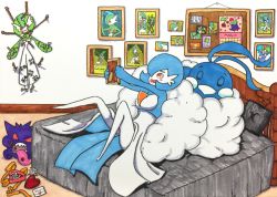 Rule 34 | 1girl, absurdres, altaria, alternate color, arms up, artist name, bidoof, black eyes, blue hair, blue skin, blush, blush stickers, box, breasts, bulletin board, calendar, cherrim, cherubi, chocolate, colored sclera, colored skin, creatures (company), eating, english text, envelope, closed eyes, female focus, full body, gallade, game freak, gardevoir, gen 1 pokemon, gen 3 pokemon, gen 4 pokemon, gengar, hair over one eye, happy, heart, heart-shaped box, heart-shaped pupils, highres, indoors, japanese text, kirlia, knife, looking down, lunatone, medium breasts, multicolored skin, nintendo, on bed, open mouth, orange eyes, orange ribbon, outstretched arms, photo (object), picture frame, pillow, pokemon, pokemon (creature), ralts, reclining, red sclera, ribbon, rope, sharp teeth, shiny pokemon, short hair, signature, sitting, sleeping, smile, swablu, symbol-shaped pupils, teeth, traditional media, translation request, two-tone skin, white skin, yandere, yuumikuchi