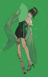 Rule 34 | 18 kawaki, 1girl, bandaged leg, bandages, bare shoulders, china dress, chinese clothes, closed eyes, closed mouth, detached sleeves, dress, full body, green background, green dress, green hair, green sleeves, hair ornament, hand fan, hanying (punishing: gray raven), highres, holding, holding fan, paper fan, punishing: gray raven, solo, wide sleeves