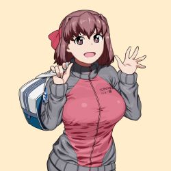 Rule 34 | 1girl, bag, breasts, brown eyes, carrying over shoulder, commentary, emblem, girls und panzer, gym uniform, headband, highres, jacket, kondou taeko, large breasts, long sleeves, looking at viewer, medium hair, onsen tamago (hs egg), ooarai (emblem), open mouth, red headband, red jacket, school bag, simple background, smile, solo, track jacket, upper body, yellow background