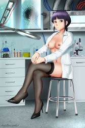 Rule 34 | 1girl, alternate breast size, beaker, black footwear, black thighhighs, bleach, blunt bangs, braid, breasts, breasts out, collarbone, crossed arms, crossed legs, desk, drawer, expressionless, green eyes, high heels, highres, katzueki, kurotsuchi nemu, lab coat, laboratory, long hair, looking at viewer, machinery, magnifying glass, microscope, naked shirt, navel, nipples, open clothes, open shirt, purple hair, scientist, shirt, signature, single braid, sitting, small breasts, solo, stool, test tube, thighhighs, white shirt